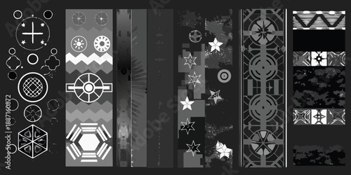 A series of abstract geometric patterns in grayscale arranged vertically