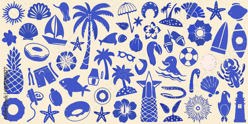 Blue summer icons seashells palm trees boats and other tropical elements