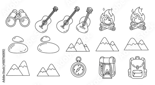 Camping and hiking icons set with outdoor adventure elements.