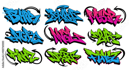 Colorful graffiti tags and street art elements collection.