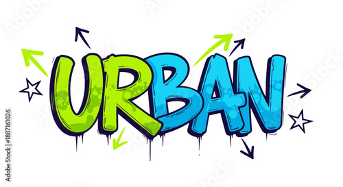Urban graffiti style text with colorful letters and arrows.