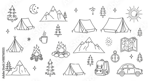Camping icons collection with tents, mountains, trees, and outdoor elements.