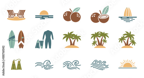 Collection of tropical vacation icons including beach and surf elements.