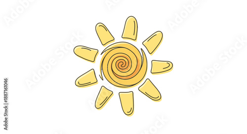 Simple yellow sun illustration with spiral center and rays.