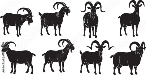 Set of isolated black vector silhouettes featuring wild animals like deer, stag, and elk with antlers in a nature illustration