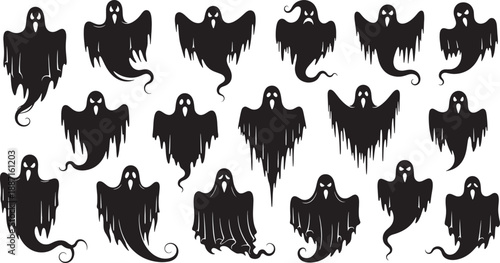 Seamless vector illustration set featuring black and white silhouettes of animals and monsters like cats, bears, and bats in a cartoon halloween holiday style