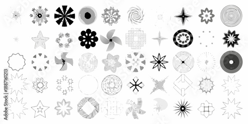 An assortment of abstract black and white circular and star shaped designs