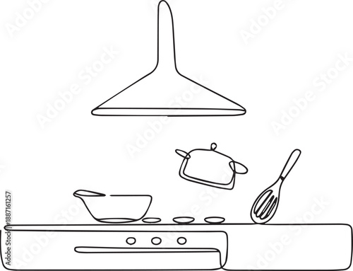 Continuous line drawing of kitchen utensils on a modern cooktop with stove and range hood.