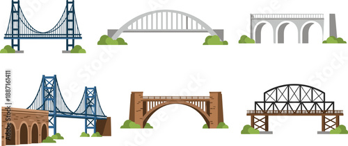 Bridge types collection illustration showing suspension, arch, beam and truss bridges, civil engineering infrastructure designs set, transportation concept, flat vector illustration