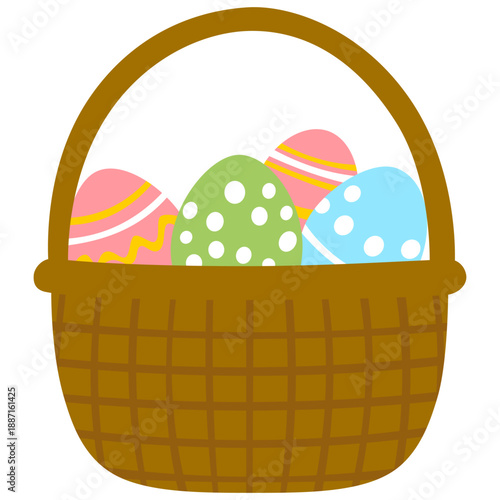 Happy Easter. Beautiful basket with colored eggs. Traditional Easter basket. Vector illustration on white background