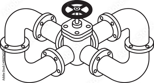 Black and white line of a mechanical valve with multiple curved pipes and a central control knob also transparent background