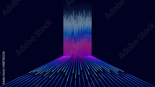 High speed colorful neon light trails moving upward. Abstract geometric illustration representing fast data transfer, internet speed, and digital energy on a dark background.