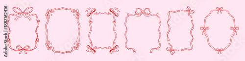 Vector set of cute outline hand drawn pink ribbon frame border collection. Whimsical decorative coquette bow outline frames for romantic greeting card, valentine, wedding invitation, scrapbook design.