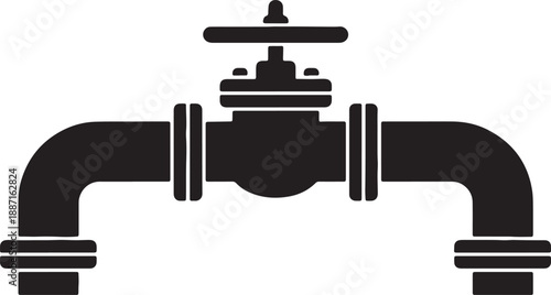 Black and white of a valve with two pipes and bolts also transparent background
