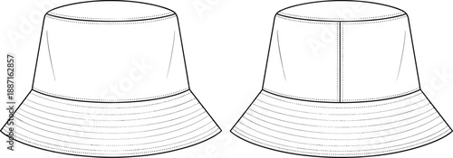 Bucket hat fashion technical sketch showing front back views minimal headwear design cad drawing flat vector illustration