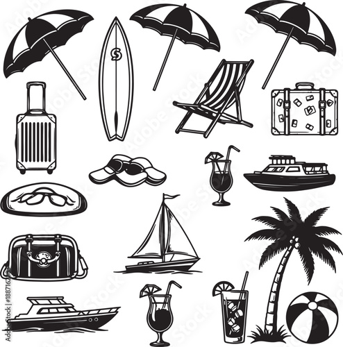 Black and white of beach and travel including umbrellas, surfboard, deck chair, suitcase, sunglasses, boat, and cocktail also transparent background