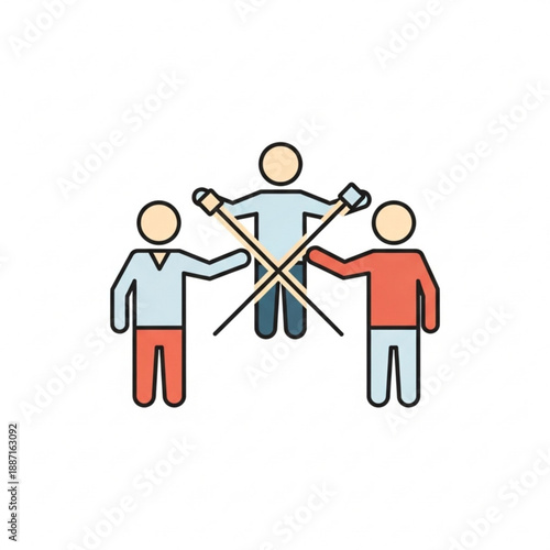 Three stick people with one in the middle having crossed arms and hands