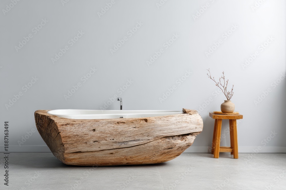 Obraz premium Rustic wooden bathtub with a modern white interior stands in a minimalist room.