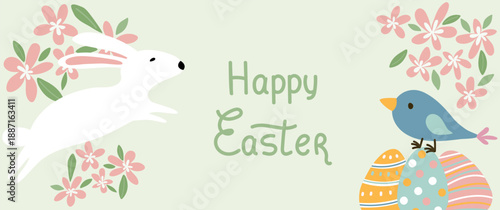 Happy Easter banner with cute white rabbit and blue bird. Beautiful spring floral design with decorated Easter eggs. Great for holiday sale, greeting card and social media. Vector illustration