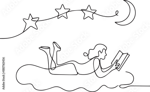 A woman lies on her stomach reading a book under a starry night sky with a crescent moon shining