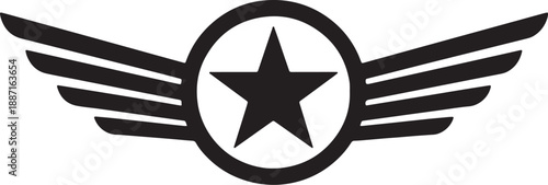 Black and white star symbol with wings on both sides also transparent background