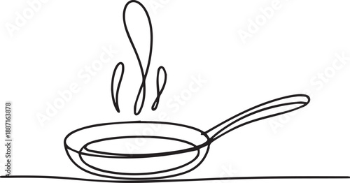 Steaming hot pan on stovetop, continuous line art illustration
