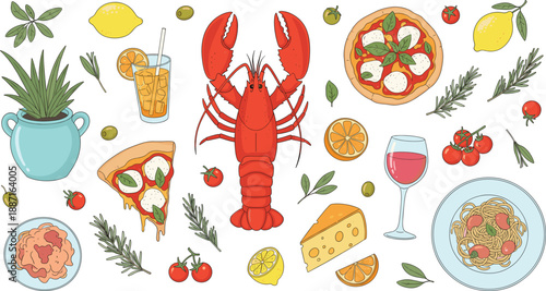 Italian seafood food vector illustration with lobster, pizza, pasta, cheese, wine, herbs, and Mediterranean cuisine elements