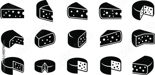 Cheese icons, dairy silhouette, wedge shapes, hole texture, food design, culinary symbol, gourmet snack, black vector, kitchen element, cheese variety