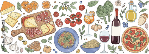 Italian food vector illustration with pasta, pizza, wine, cheese, olives, vegetables, and Mediterranean cuisine elements