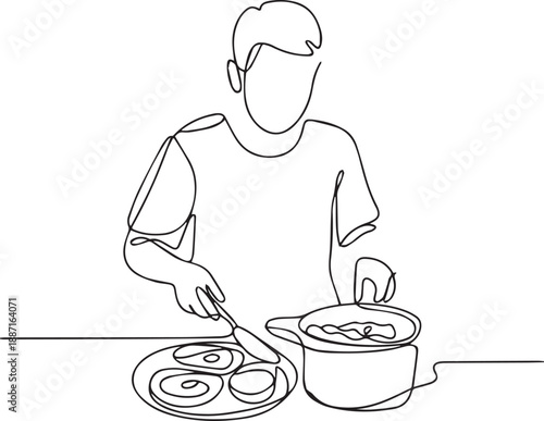 Man cooking pancakes in a kitchen with a frying pan and saucepan