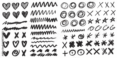 An assortment of hand drawn doodles and abstract black and white shapes
