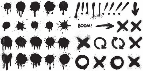 Collection of black splatter and explosion graphic elements on a white background