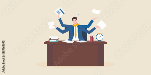 Overwhelmed businessman juggling papers and tasks in a busy office setting