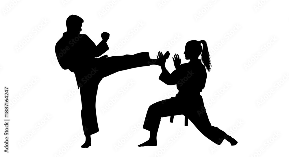 Obraz premium Black silhouettes of karate fighters in sparring stance with dynamic high kick, design for martial arts schools, tournament promotion and sports motivation posters. Transparent background SVG version.