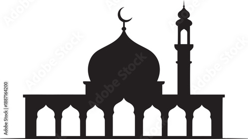 Silhouette of a traditional mosque with a crescent moon and minaret