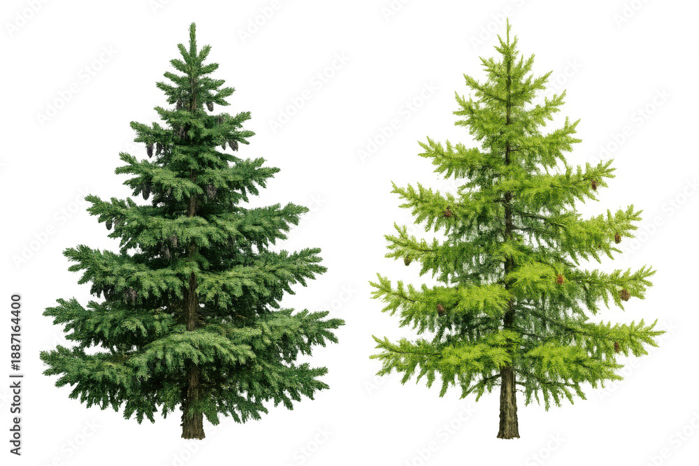 Obraz premium Two diverse evergreen coniferous trees, a dark green spruce and a lighter green larch, showing natural branches and texture