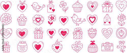 A collection of pink and red heart shaped valentine's day themed stickers on a white background