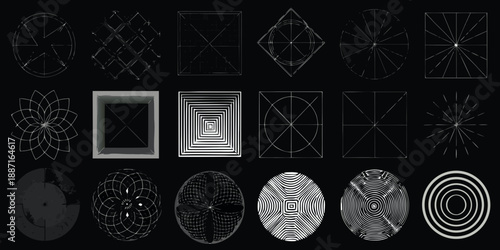 Geometric patterns and abstract shapes in a monochrome arrangement