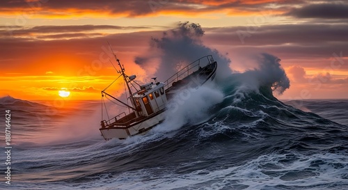 Small fishing vessel navigates turbulent ocean swells beneath a vibrant sunset