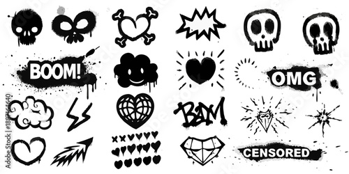 Collection of black and white spray paint style stickers and graphic elements