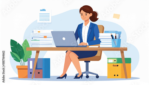 A woman working diligently at her desk with a laptop and files