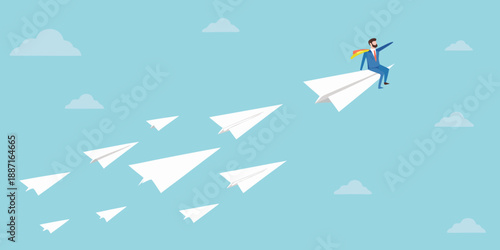 Business professional riding a paper airplane symbolizing success and innovative thinking