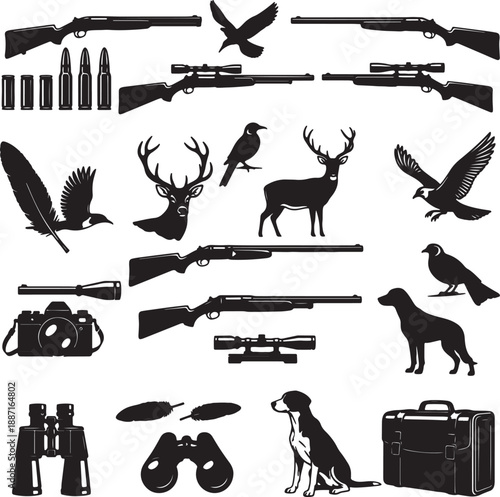 Black silhouettes of hunting equipment, animals, and birds on a white background also transparent background