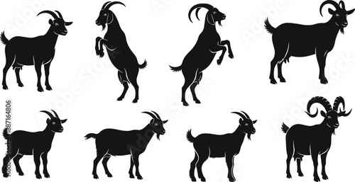 Goat silhouettes, farm animal, horned livestock, grazing pose, rearing goat, black vector, nature icon, rural design, animal shape, pasture illustration