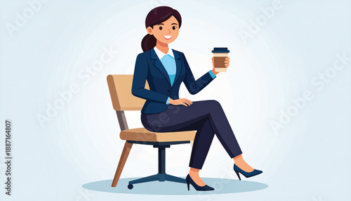 Professional woman sitting with a coffee in a modern office setting