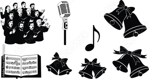 Holiday music icons, choir singing, festive bells, vintage microphone, musical note, music book, celebration theme, black vector, seasonal illustration, audio symbols