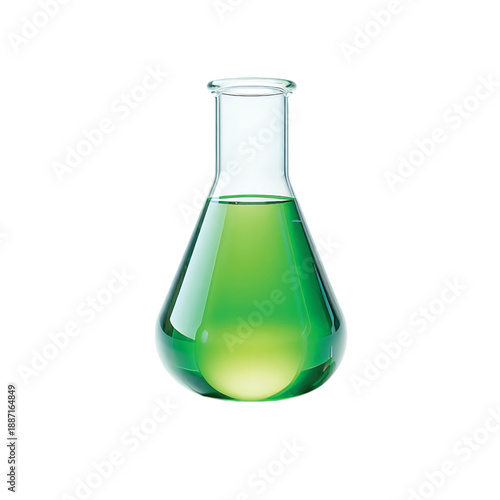 Clear Erlenmeyer flask filled with vibrant green liquid, isolated on white background.