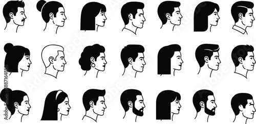 Human head profile silhouette illustration, black vector design, diverse hairstyle, male and female face, character modeling, demographic concept, minimal art