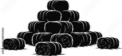 Hay bale silhouette illustration, black vector design, stacked farm hay, rural storage, harvest scene, agriculture concept, countryside icon, minimal art