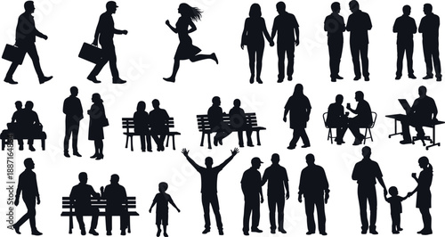 Human interaction silhouette illustration, black vector design, walking pose, sitting figure, talking pair, child activity, public space, social behavior